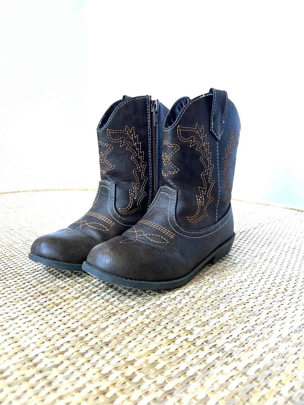 Boys Girls Cowboy Boots vegan leather brown tan contrast stitching Little Kid 11